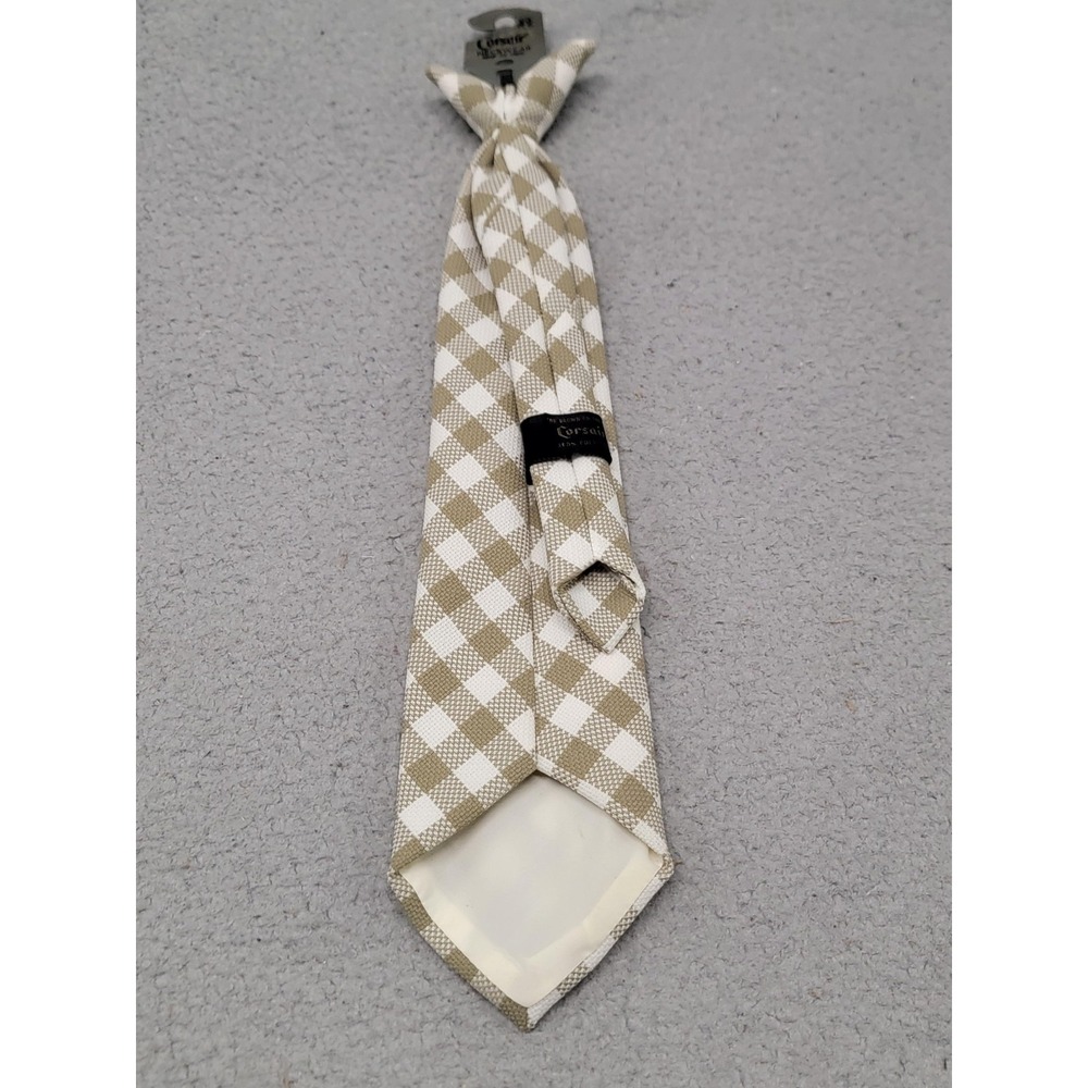 Vintage‎ Corsair Tie Mens One Size Beige Plaid Pretied Polyester Check Necktie